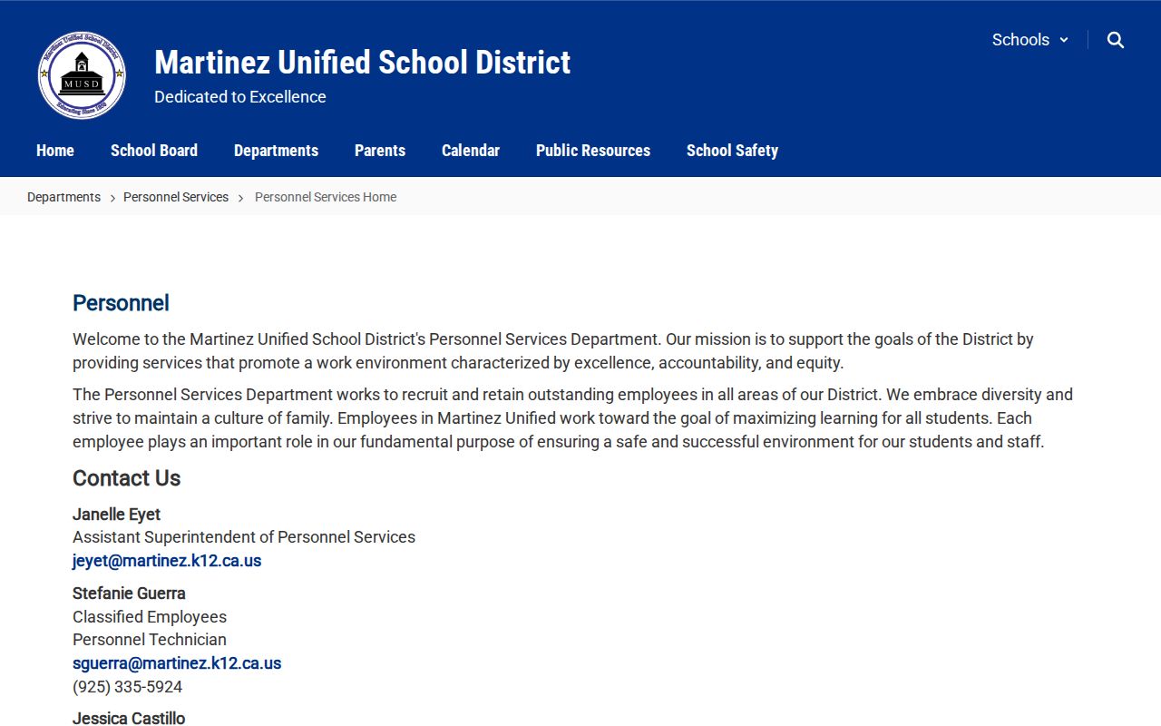 Martinez people directories page for Unified School District personnel