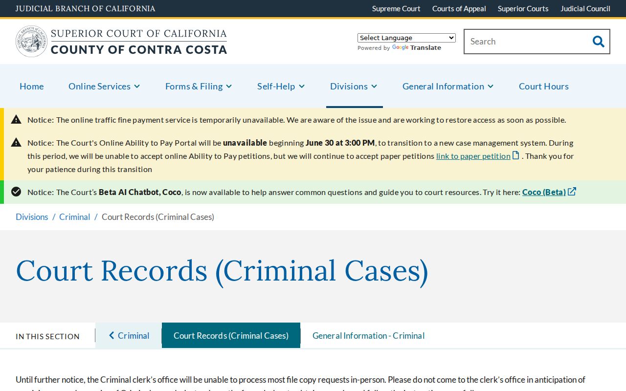 Martinez public records instructions for Contra Costa criminal court files